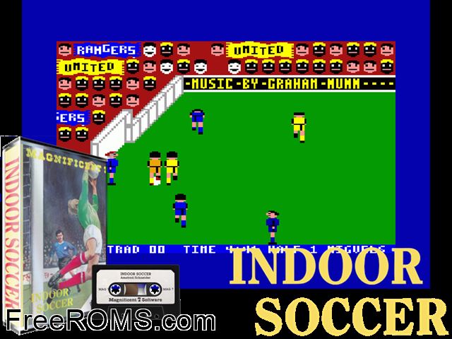 Indoor Soccer (UK) (1986) Amstrad CPC game showing 3D box cover and gameplay screenshot
