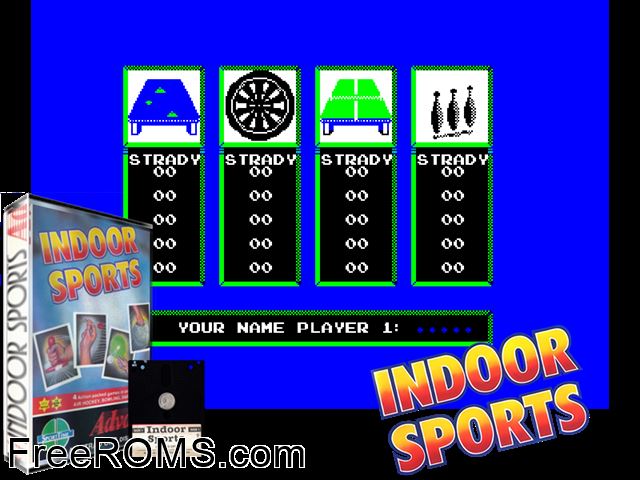 Indoor Sports (UK) (1987) Amstrad CPC game showing 3D box cover and gameplay screenshot