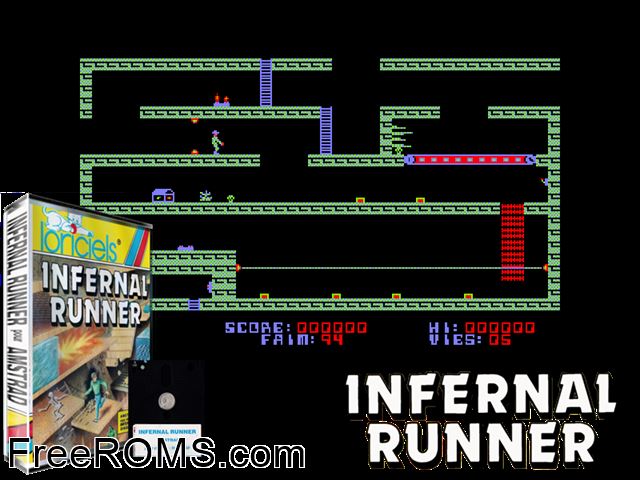 Infernal Runner (F) (1985) Amstrad CPC game showing 3D box cover and gameplay screenshot