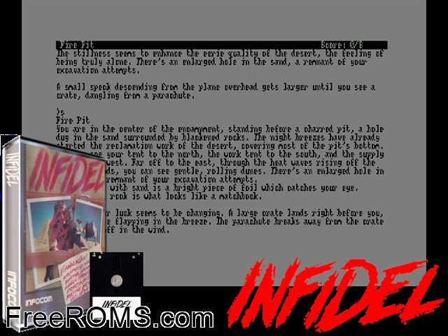 Infidel (UK) (1983) Amstrad CPC game showing 3D box cover and gameplay screenshot