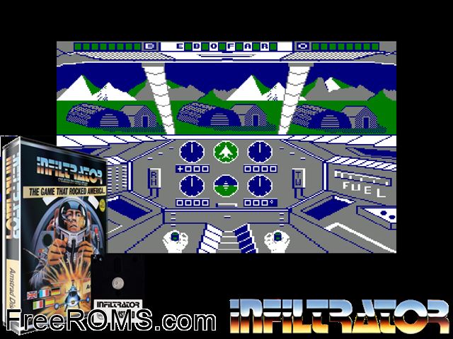 Infiltrator (UK) (1986) Amstrad CPC game showing 3D box cover and gameplay screenshot