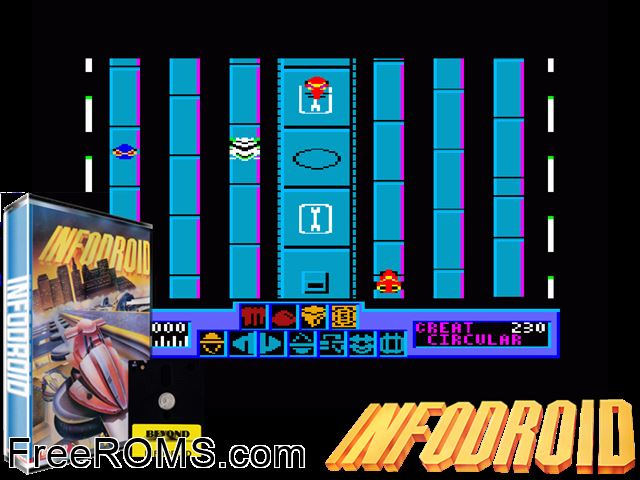 Infodroid (UK) (1987) Amstrad CPC game showing 3D box cover and gameplay screenshot