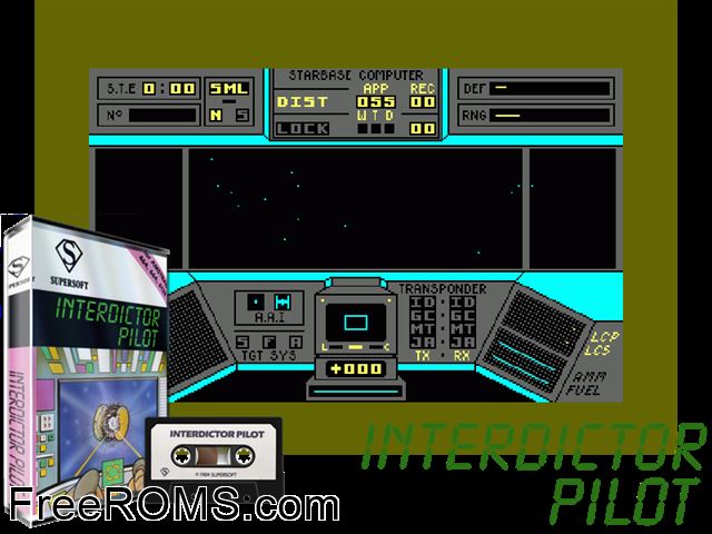 Interdictor Pilot (UK) (1985) Amstrad CPC game showing 3D box cover and gameplay screenshot