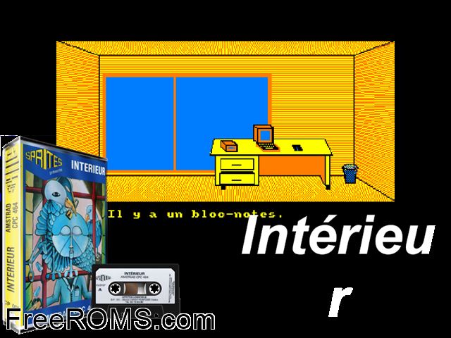 Interieur (F) (1985) Amstrad CPC game showing 3D box cover and gameplay screenshot