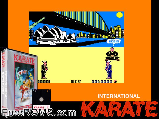 International Karate (UK) (1986) Amstrad CPC game showing 3D box cover and gameplay screenshot