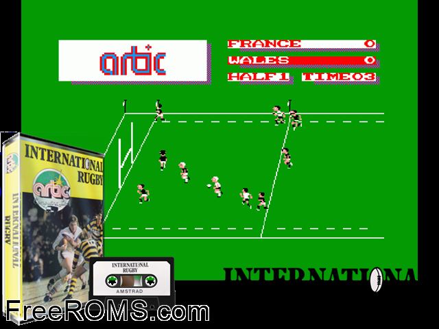 International Rugby (UK) (1986) Amstrad CPC game showing 3D box cover and gameplay screenshot