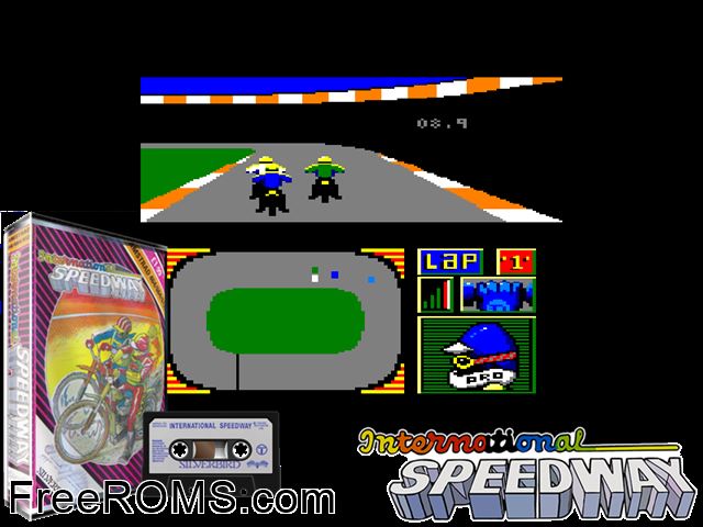 International Speedway (UK) (1988) Amstrad CPC game showing 3D box cover and gameplay screenshot