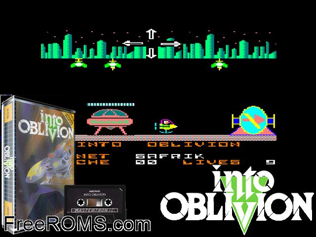 Into Oblivion (UK) (1986) Amstrad CPC game showing 3D box cover and gameplay screenshot