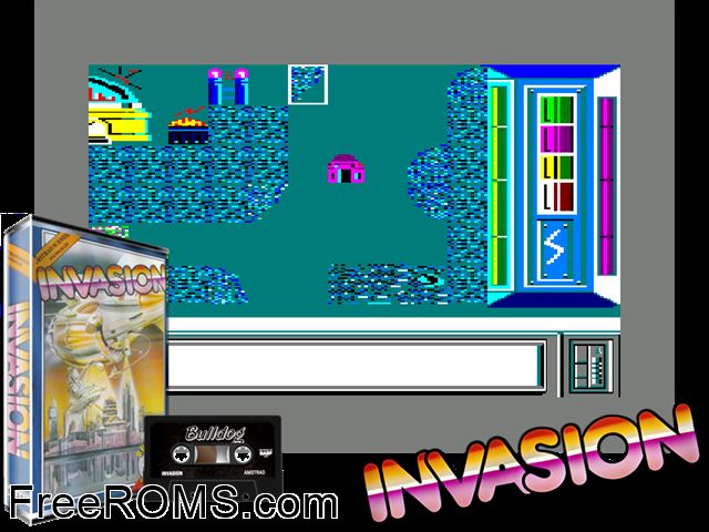 Invasion (UK) (1987) Amstrad CPC game showing 3D box cover and gameplay screenshot