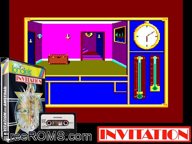 Invitation (F) (1987) Amstrad CPC game showing 3D box cover and gameplay screenshot