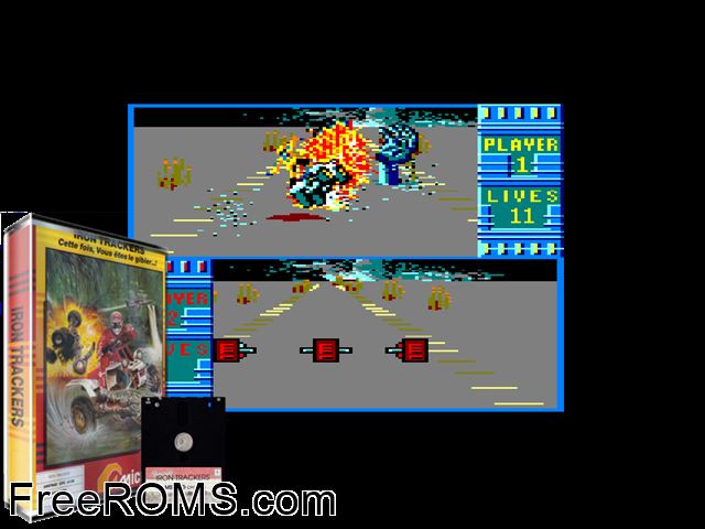 Iron Trackers (UK) (1989) (Disk 1 of 2) Amstrad CPC game showing 3D box cover and gameplay screenshot