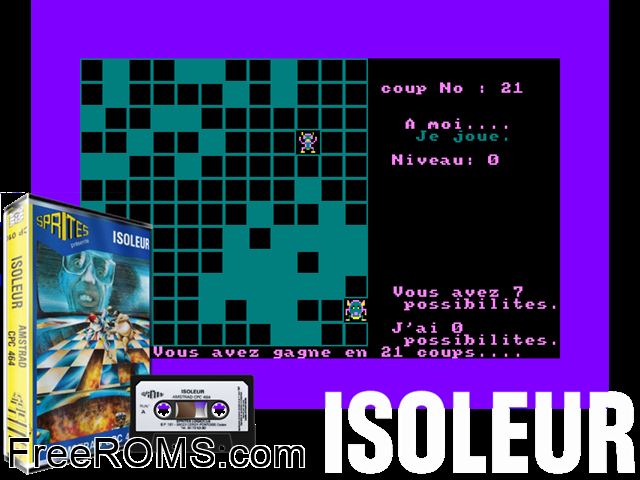Isoleur (F) (1985) Amstrad CPC game showing 3D box cover and gameplay screenshot