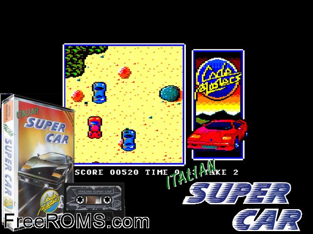 Italian Supercar (UK) (1990) Amstrad CPC game showing 3D box cover and gameplay screenshot