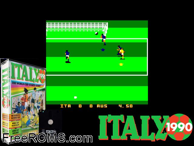 Italy 1990 (UK) (1990) Amstrad CPC game showing 3D box cover and gameplay screenshot