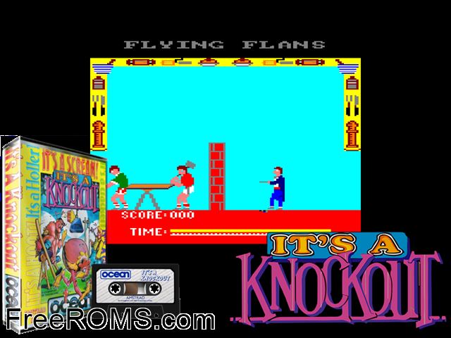 It's a Knockout (UK) (1986) Amstrad CPC game showing 3D box cover and gameplay screenshot