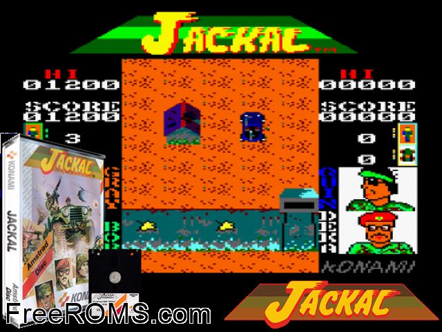 Jackal (UK) (1988) Amstrad CPC game showing 3D box cover and gameplay screenshot