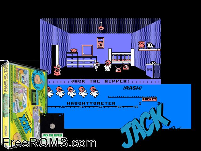 Jack the Nipper (UK) (1986) Amstrad CPC game showing 3D box cover and gameplay screenshot