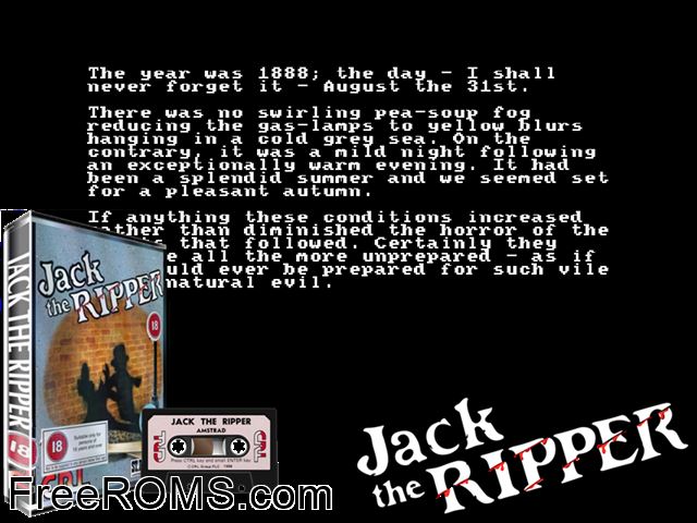 Jack the Ripper (UK) (1988) Amstrad CPC game showing 3D box cover and gameplay screenshot