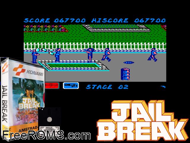 Jail Break (UK) (1986) Amstrad CPC game showing 3D box cover and gameplay screenshot