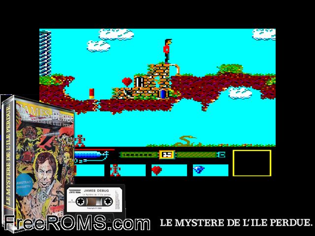 James Debug - Mystere de L'ile Perdue (F) (1986) Amstrad CPC game showing 3D box cover and gameplay screenshot