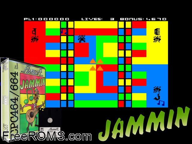 Jammin (UK) (1985) Amstrad CPC game showing 3D box cover and gameplay screenshot