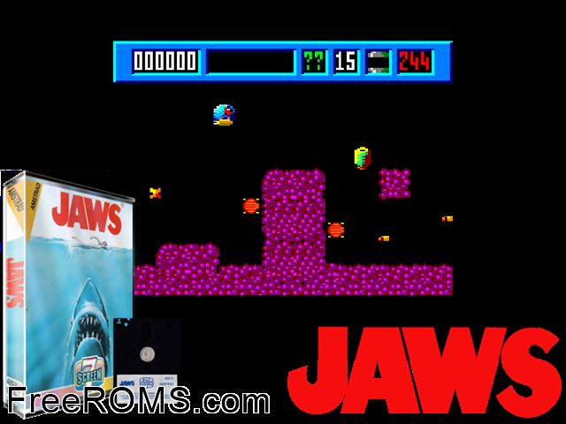 Jaws (UK) (1989) Amstrad CPC game showing 3D box cover and gameplay screenshot