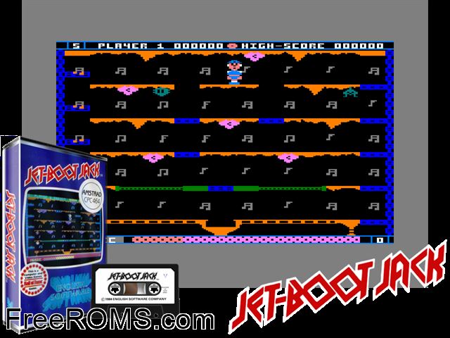 Jet Boot Jack (UK) (1984) Amstrad CPC game showing 3D box cover and gameplay screenshot