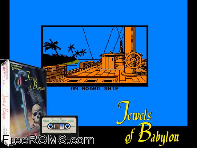 Jewels of Babylon (UK) (1985) Amstrad CPC game showing 3D box cover and gameplay screenshot