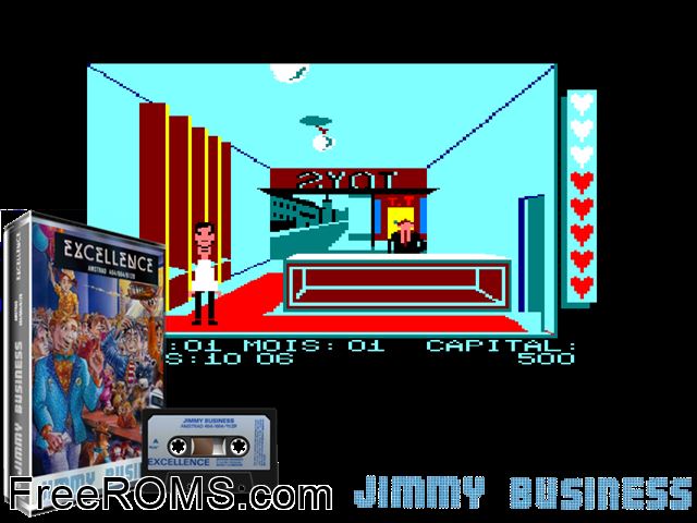 Jimmy Business (F) (1985) Amstrad CPC game showing 3D box cover and gameplay screenshot