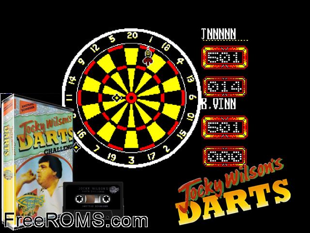 Jocky Wilson's Darts Challenge (UK) (19xx) Amstrad CPC game showing 3D box cover and gameplay screenshot