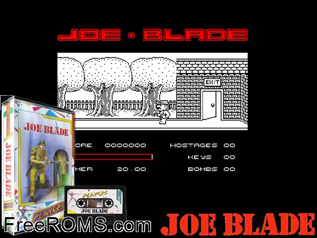Joe Blade (UK) (1987) Amstrad CPC game showing 3D box cover and gameplay screenshot