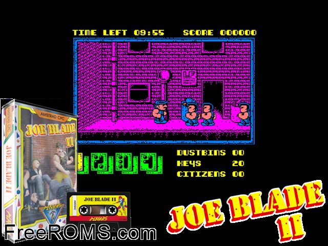 Joe Blade 2 (UK) (1988) Amstrad CPC game showing 3D box cover and gameplay screenshot