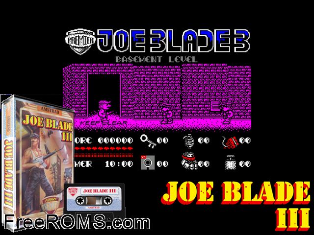 Joe Blade 3 (UK) (1989) Amstrad CPC game showing 3D box cover and gameplay screenshot