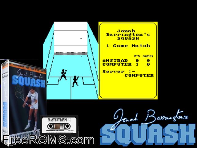 Jonah Barrington's Squash (UK) (1985) Amstrad CPC game showing 3D box cover and gameplay screenshot