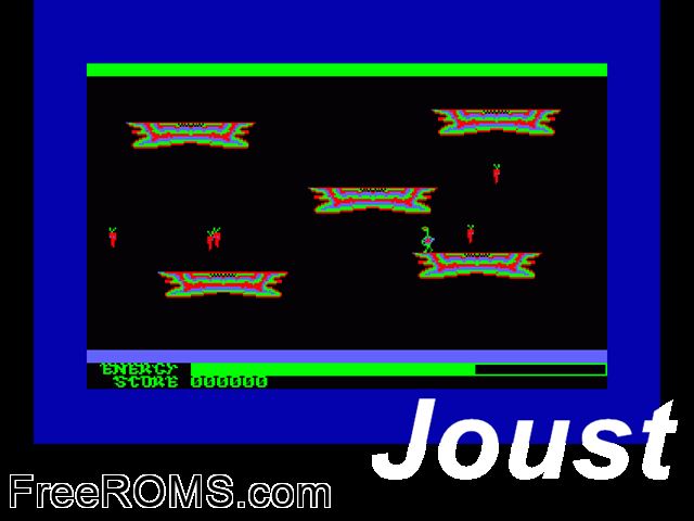 Joust (UK) (1986) Amstrad CPC game showing 3D box cover and gameplay screenshot