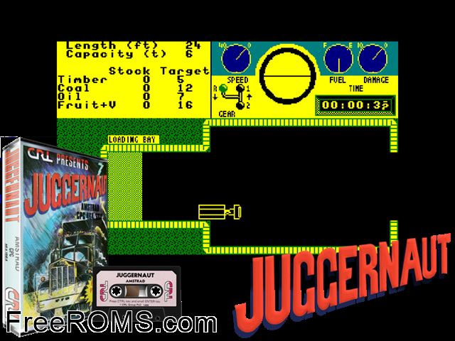 Juggernaut (UK) (1985) Amstrad CPC game showing 3D box cover and gameplay screenshot