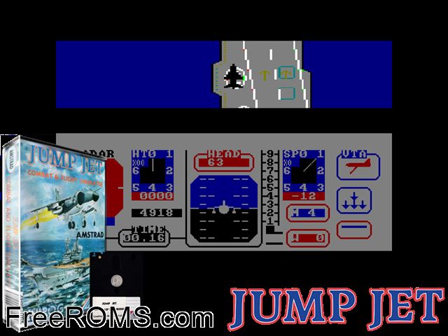 Jumpjet (UK) (1985) Amstrad CPC game showing 3D box cover and gameplay screenshot