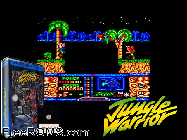 Jungle Warrior (S) (1990) Amstrad CPC game showing 3D box cover and gameplay screenshot