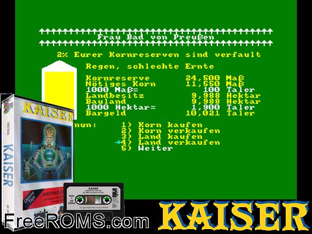 Kaiser (G) (19xx) Amstrad CPC game showing 3D box cover and gameplay screenshot