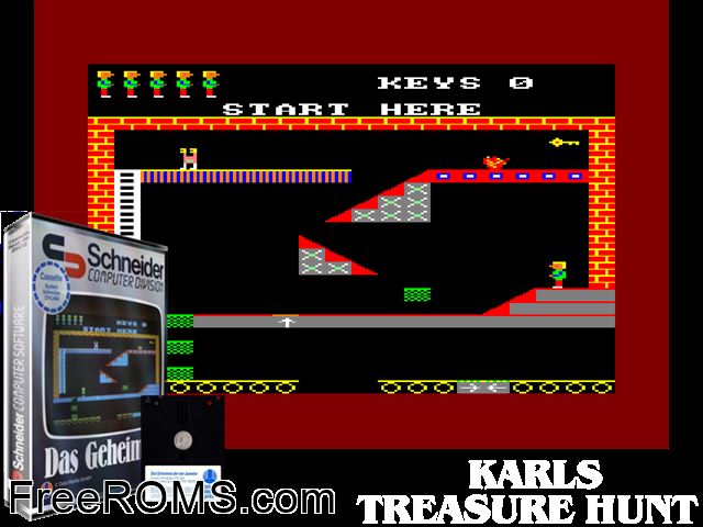 Karl's Treasure Hunt (UK) (1984) Amstrad CPC game showing 3D box cover and gameplay screenshot