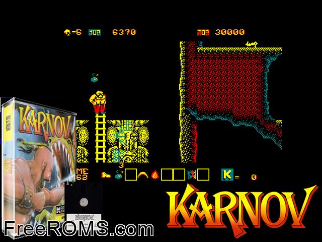 Karnov (UK) (1988) (Disk 1 of 2) Amstrad CPC game showing 3D box cover and gameplay screenshot