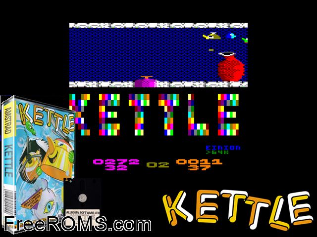 Kettle (UK) (1986) Amstrad CPC game showing 3D box cover and gameplay screenshot