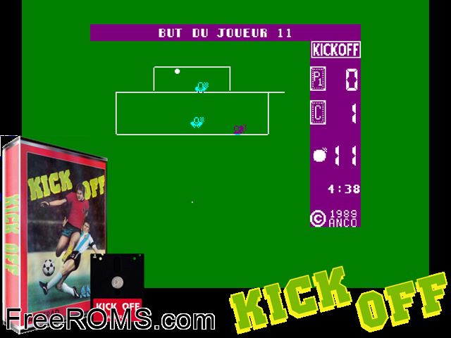 Kick Off (UK,F,G,S,I) (1990) Amstrad CPC game showing 3D box cover and gameplay screenshot