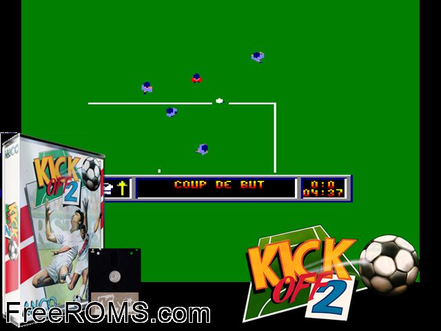 Kick Off 2 (F) (1990) Amstrad CPC game showing 3D box cover and gameplay screenshot