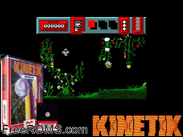Kinetic (UK) (1987) Amstrad CPC game showing 3D box cover and gameplay screenshot