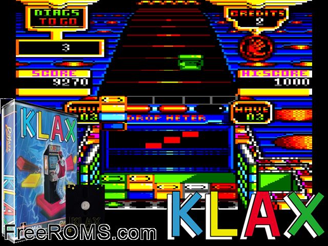 Klax (UK) (1990) Amstrad CPC game showing 3D box cover and gameplay screenshot