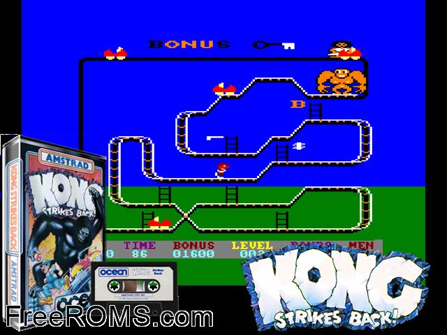 Kong Strikes Back (UK) (1985) Amstrad CPC game showing 3D box cover and gameplay screenshot