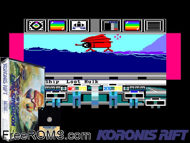 Koronis Rift (UK) (1987) Amstrad CPC game showing 3D box cover and gameplay screenshot