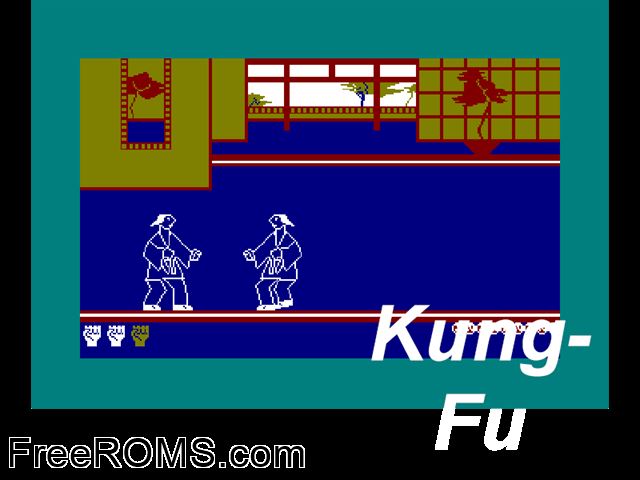 Kung-Fu (UK) (1986) Amstrad CPC game showing 3D box cover and gameplay screenshot