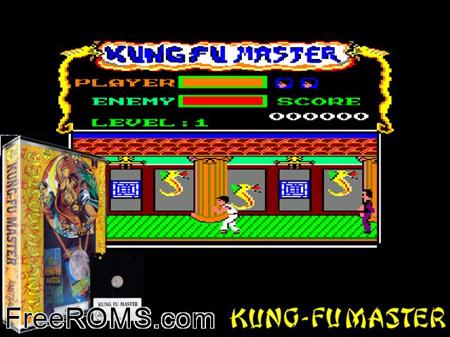 Kung-Fu Master (UK) (1986) Amstrad CPC game showing 3D box cover and gameplay screenshot